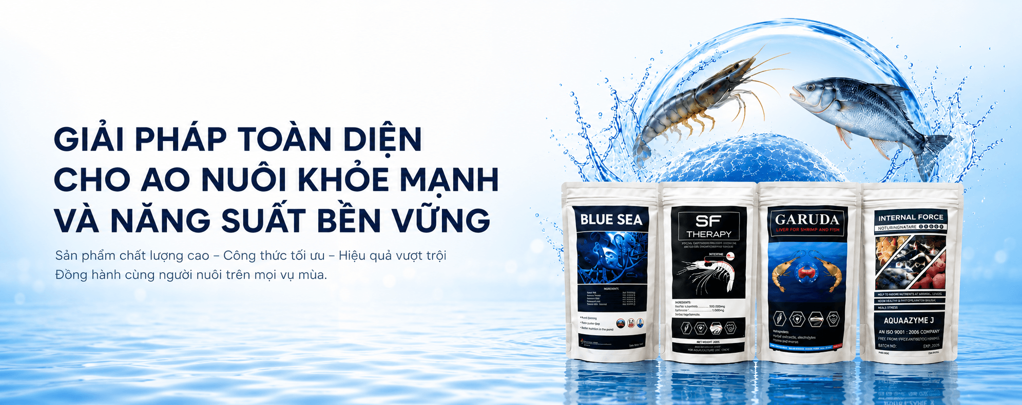 Banner Quaker Aqua giới thiệu giải pháp ao nuôi với hình ảnh tôm, cá và sản phẩm thủy sản